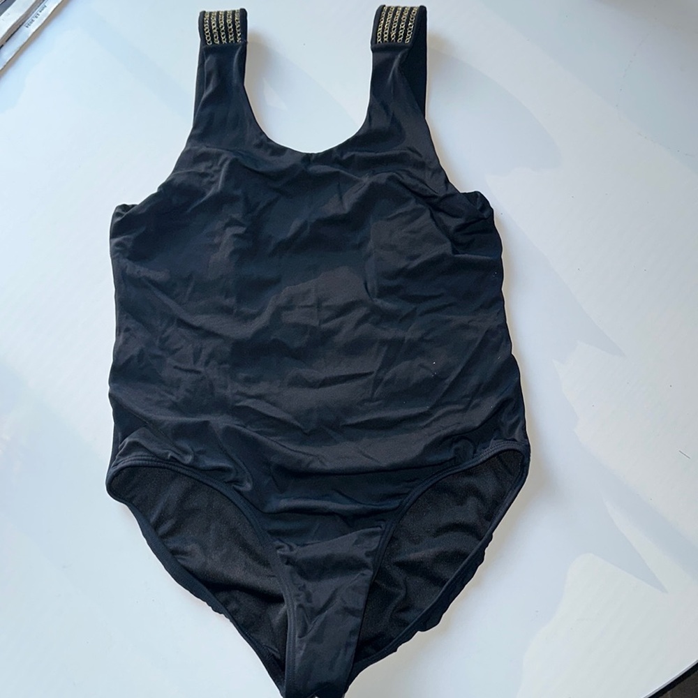 Little Peixoto girls size 16 one piece bathing suit black with gold cut outs
